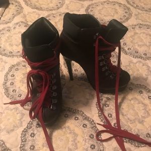 Adorable high heel maroon and chocolate army boots